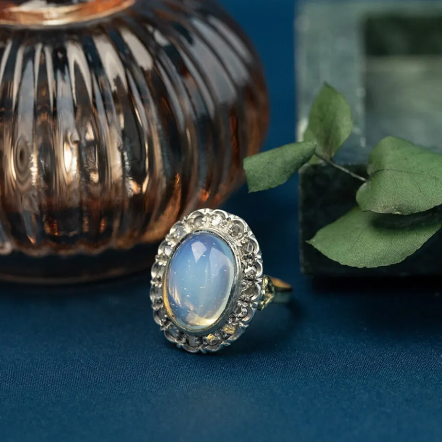 Gold ring with coloured stone and rose diamond 18 krt/925>Vintage Jewellery Outlet