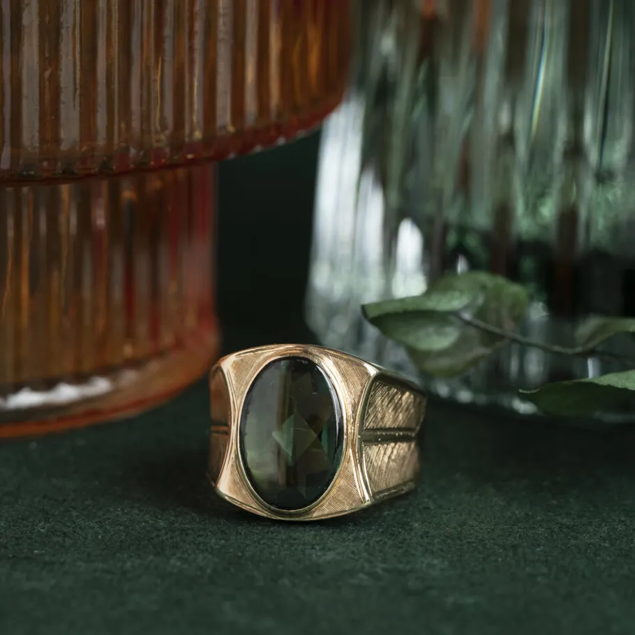 Gold ring with green spinel 14 krt>Vintage Jewellery New