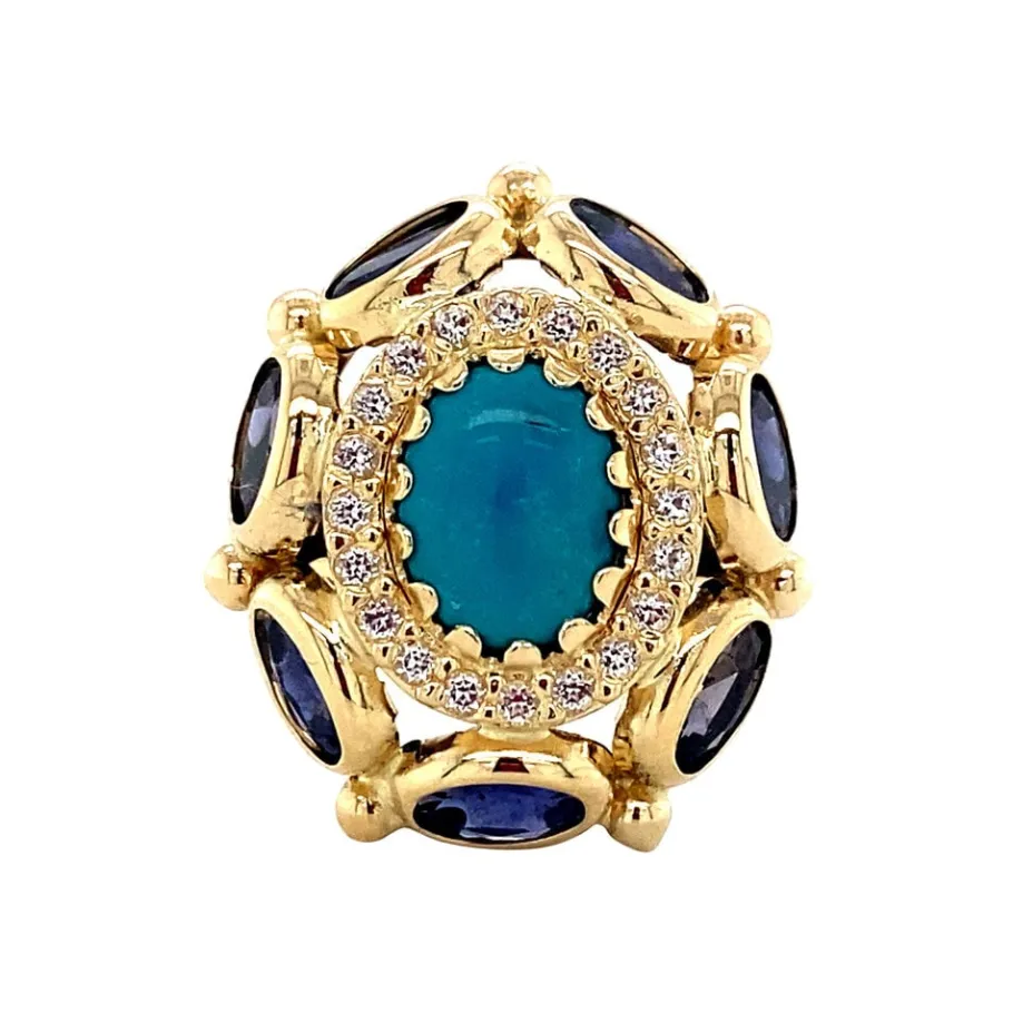 Gold ring with iolite, turquoise and sapphire 18 krt>Vintage Jewellery Best