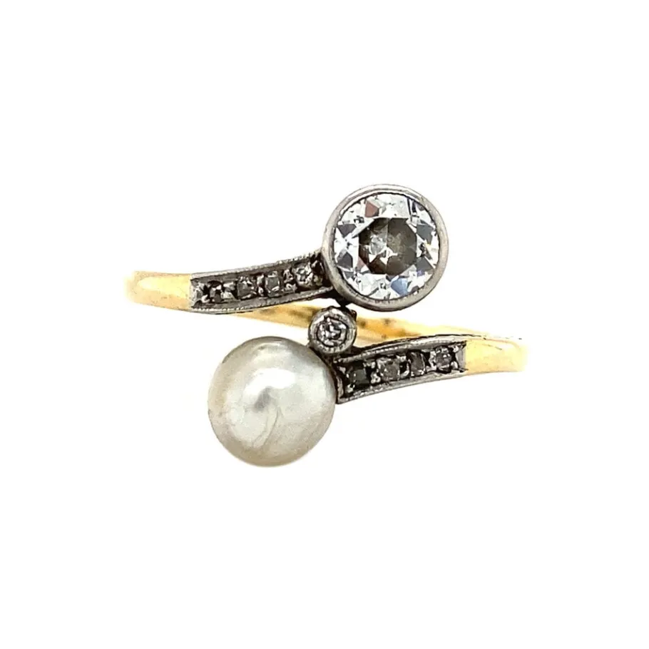 Gold ring with pearl and diamond 18 krt>Vintage Jewellery Online