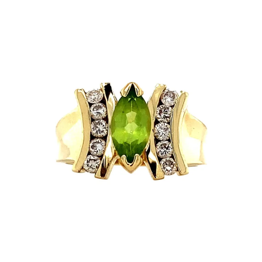 Gold ring with peridote and diamonds 14 krt>Vintage Jewellery Discount