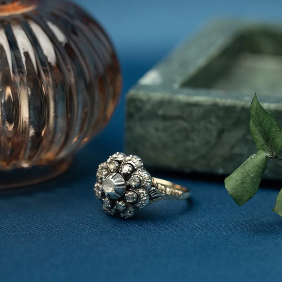 Gold ring with rose diamond 14 krt/925>Vintage Jewellery Online