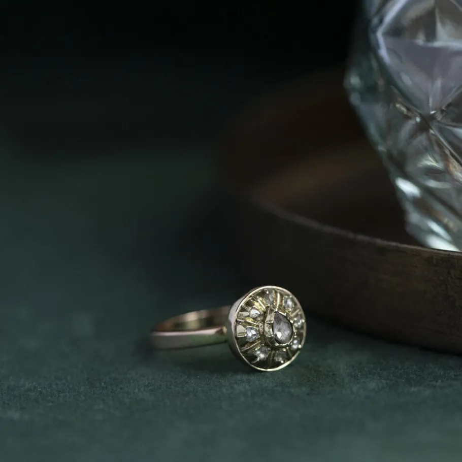 Gold ring with rose diamond 14 krt>Vintage Jewellery Clearance