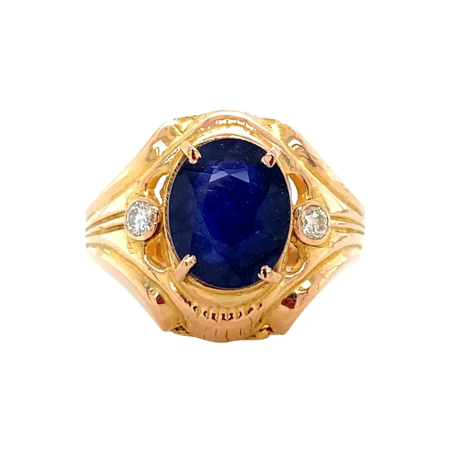 Gold ring with sapphire and diamond 14 krt>Vintage Jewellery New