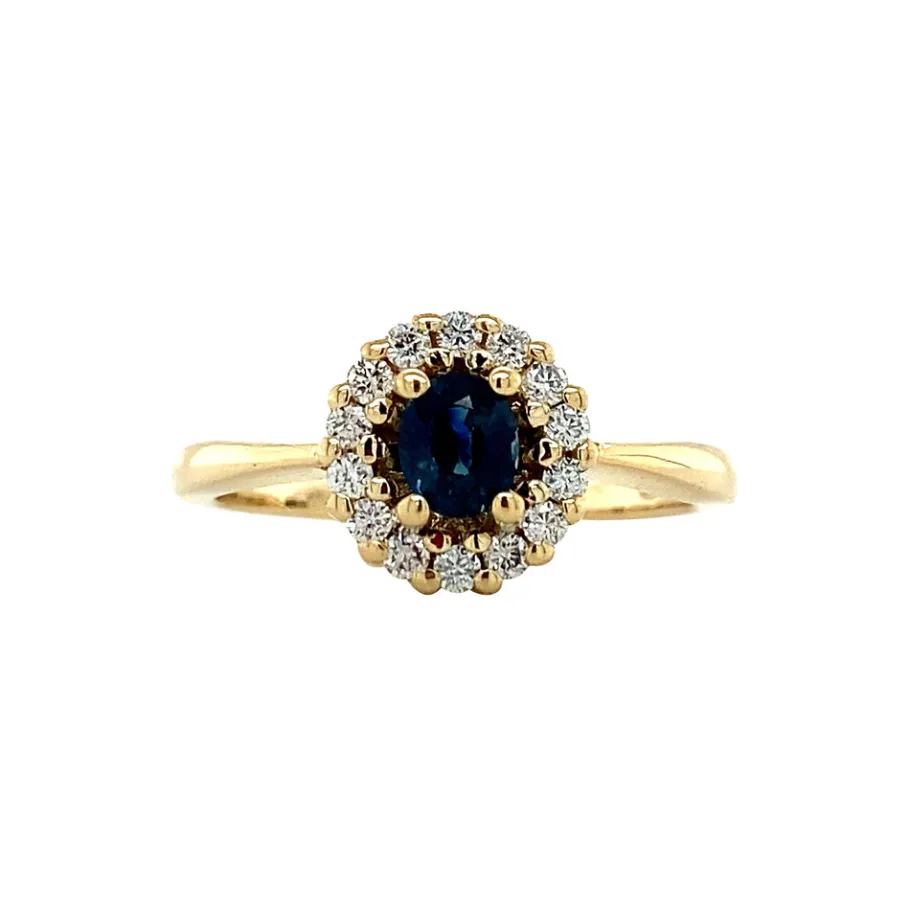 Gold ring with sapphire and diamond 14 krt>Vintage Jewellery New