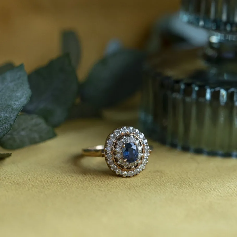 Gold ring with sapphire and diamond 18 krt>Vintage Jewellery Clearance
