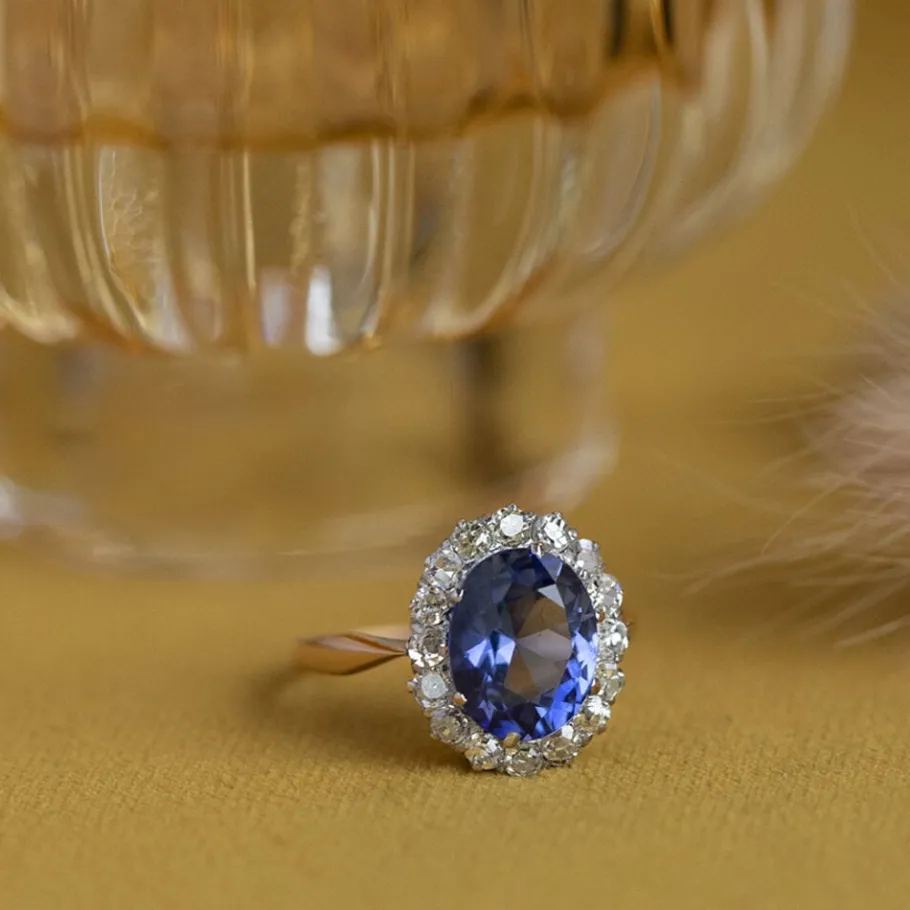 Gold ring with sapphire and diamond 20 krt/925>Vintage Jewellery New