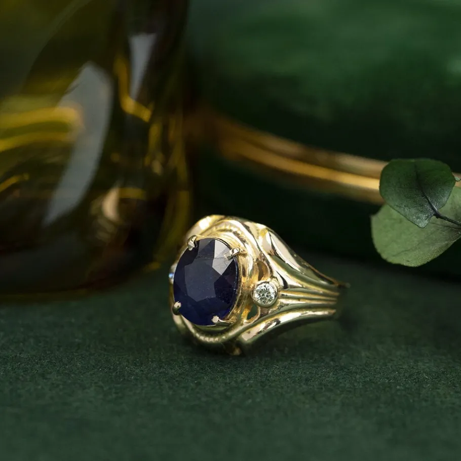 Gold ring with sapphire and diamond 14 krt>Vintage Jewellery New