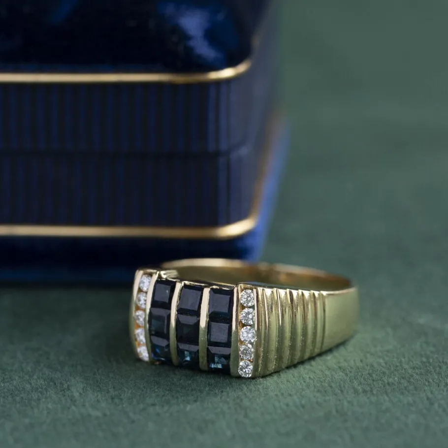 Gold ring with sapphire and diamond 18 krt>Vintage Jewellery Best