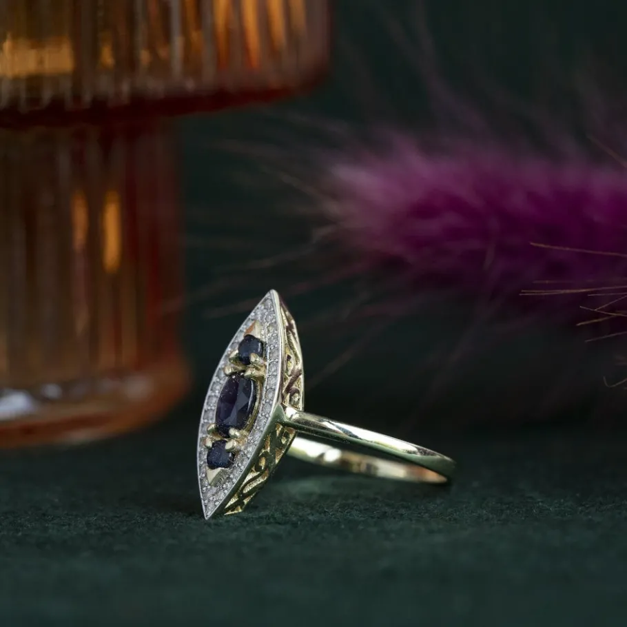 Gold ring with sapphire and diamond 14 krt>Vintage Jewellery Best