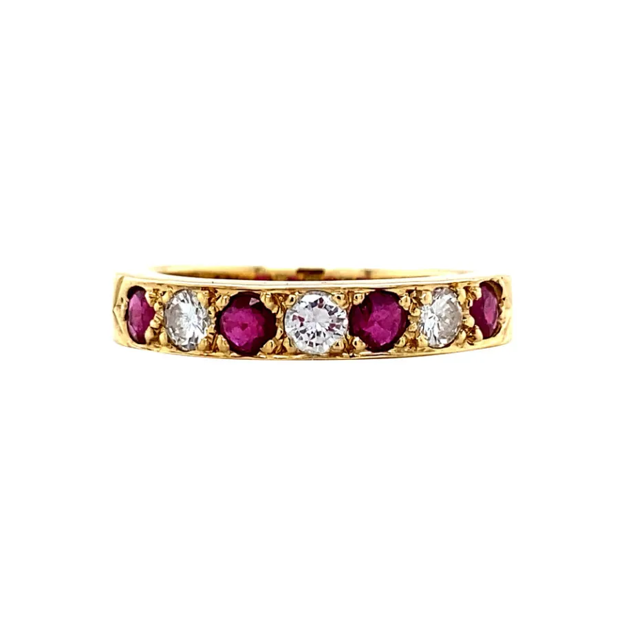 Gold row ring with ruby and diamonds 18 krt>Vintage Jewellery Best