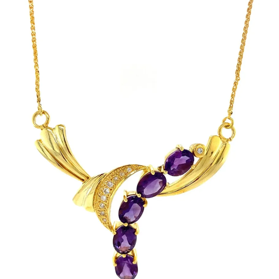 Necklace with diamond and amethyst pendant 12 krt>Vintage Jewellery Online