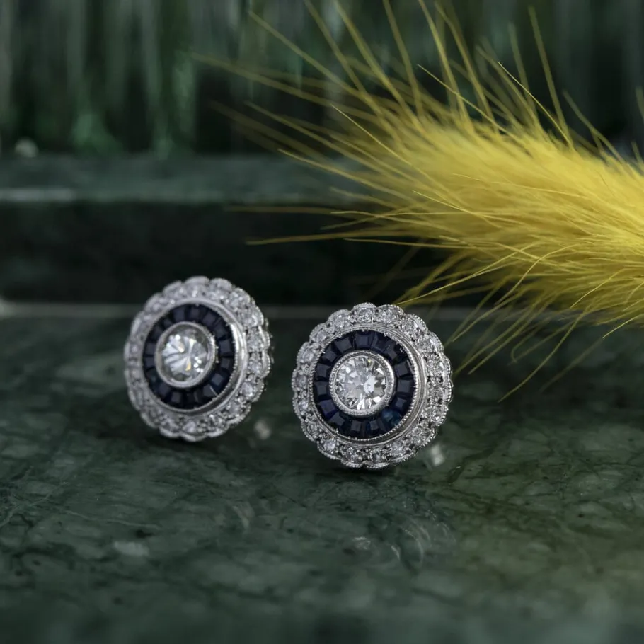 Platinum ear studs with sapphire and diamond 950>Vintage Jewellery Best