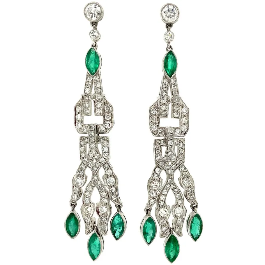 Platinum earrings with emerald and diamond 950>Vintage Jewellery Clearance