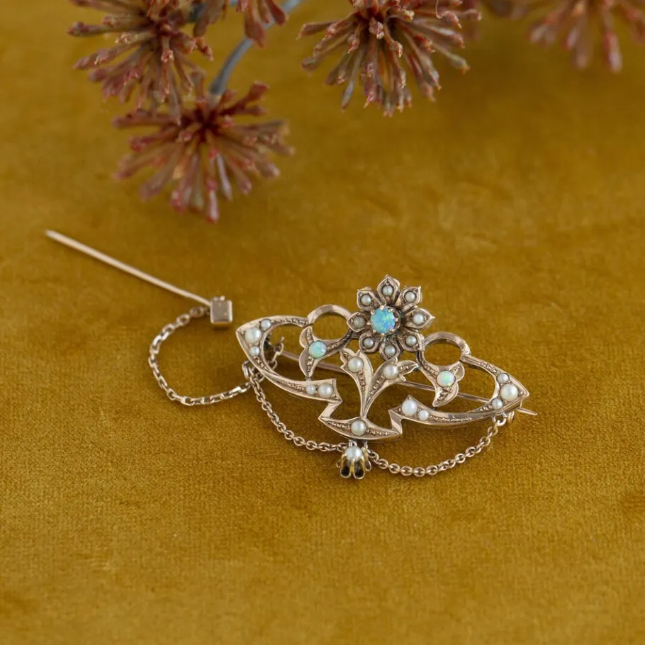 Rose gold brooch with pearl and opal 14 krt>Vintage Jewellery Sale