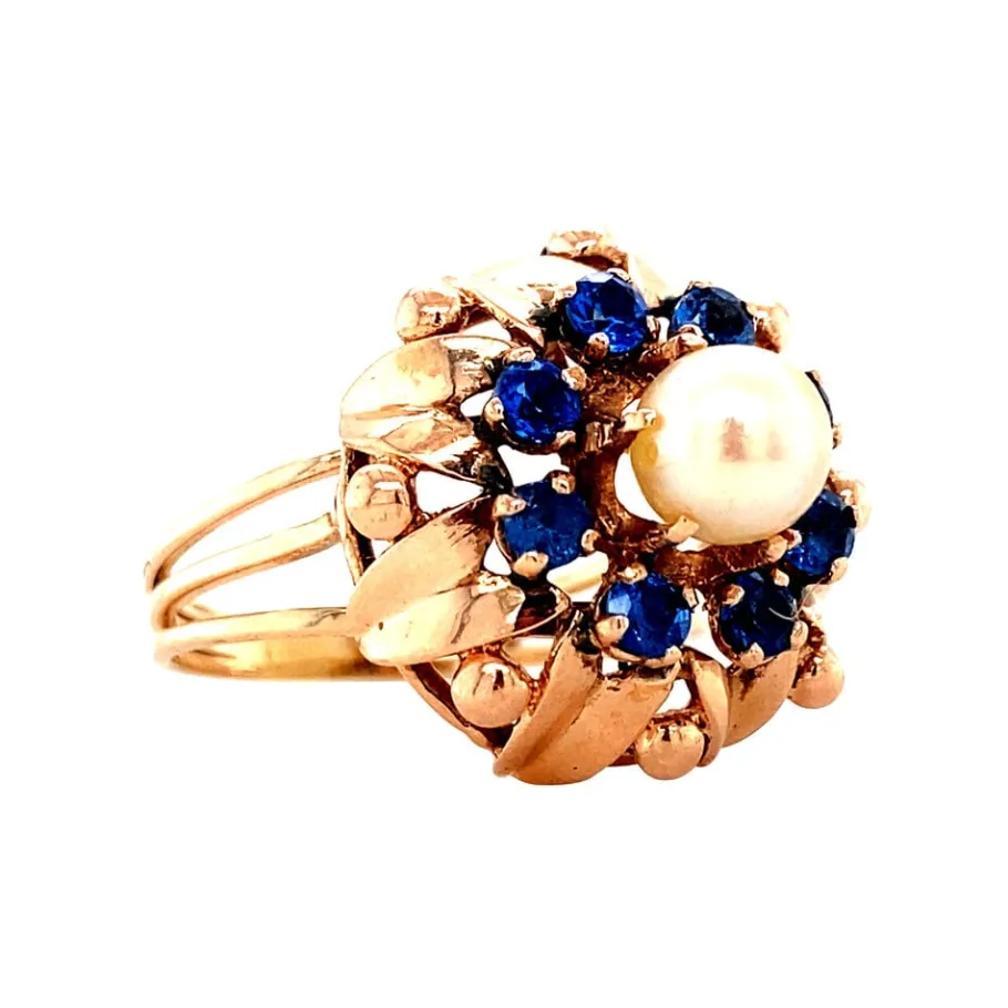rose_gold_ring_with_pearl_2.webp Rose gold ring with pearl and blue spinel 14 krt>Vintage Jewellery Online