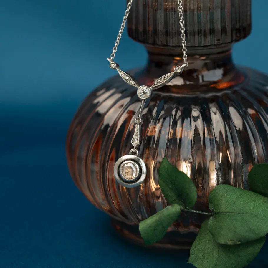 Silver necklace with diamond pendant 835>Vintage Jewellery Hot