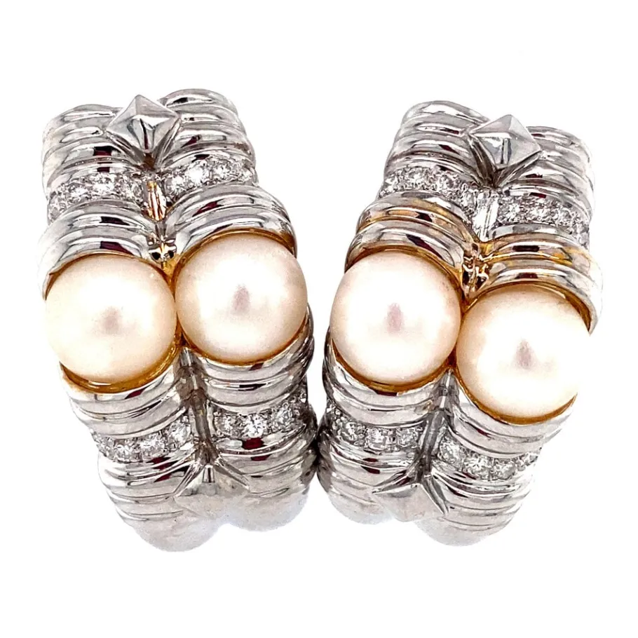 Wedge gold earrings with pearl and diamond 18 krt>Vintage Jewellery Clearance
