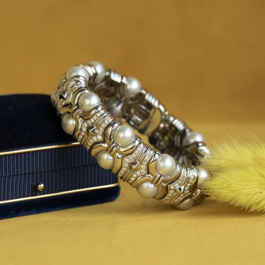 White gold bangle with pearl and diamond 18 krt>Vintage Jewellery Best