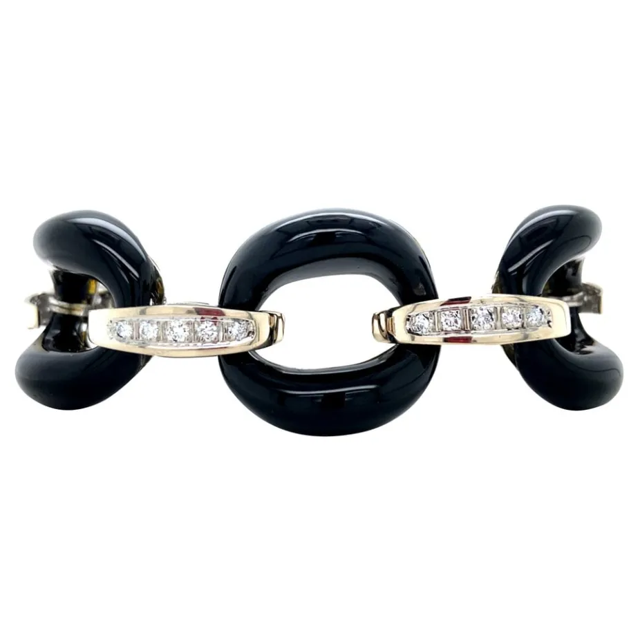 White gold bracelet with onyx and diamonds 14 krt>Vintage Jewellery Online