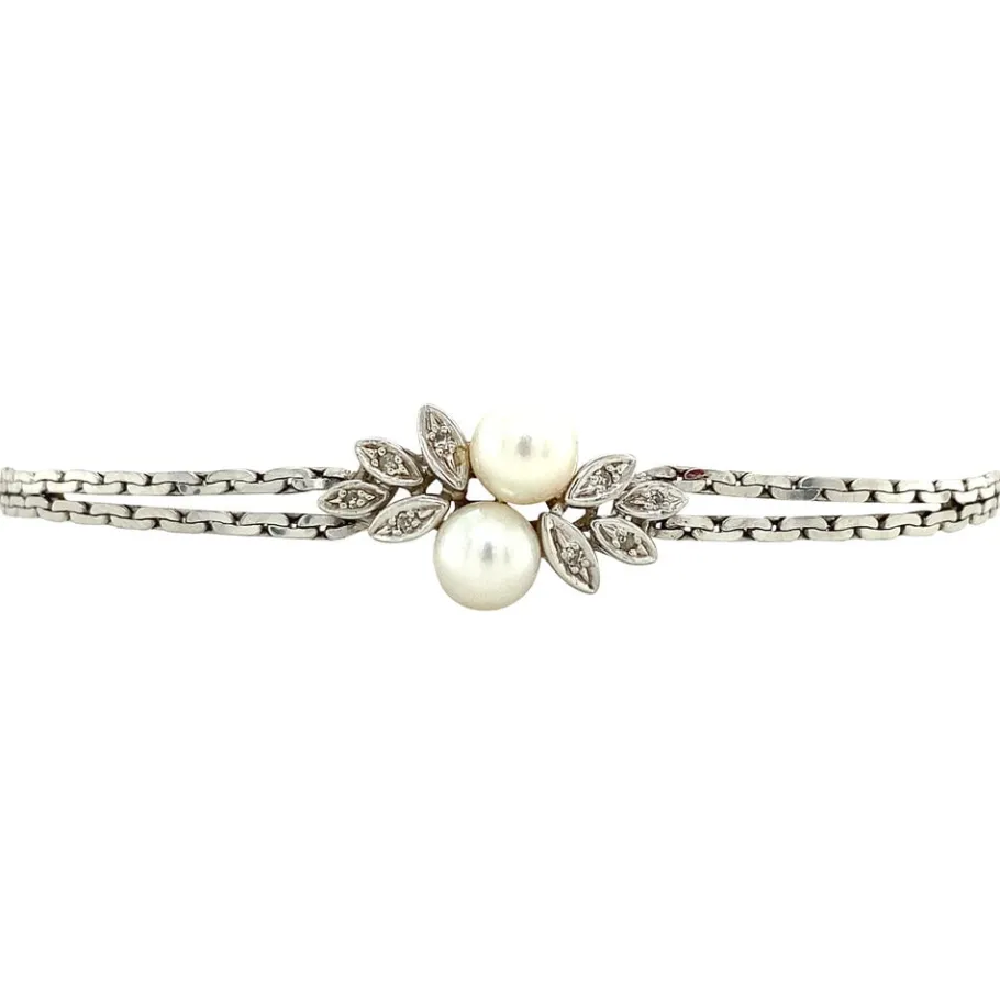 White gold bracelet with diamond and pearl 18 cm 14 krt>Vintage Jewellery Hot