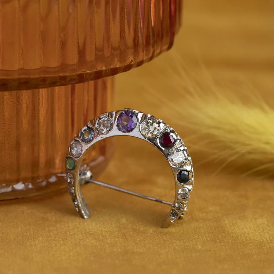 White gold brooch crescent with diamond and glass 14 krt>Vintage Jewellery Online