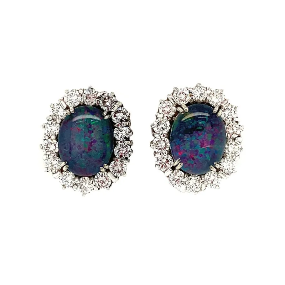 White gold ear clips with diamond and opal 14 krt>Vintage Jewellery Sale