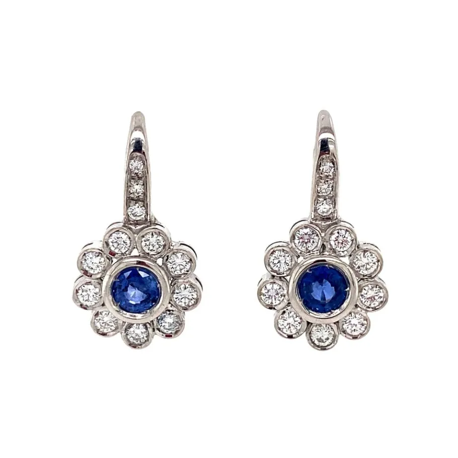 White gold earrings with sapphire and diamond 18 krt>Vintage Jewellery Outlet