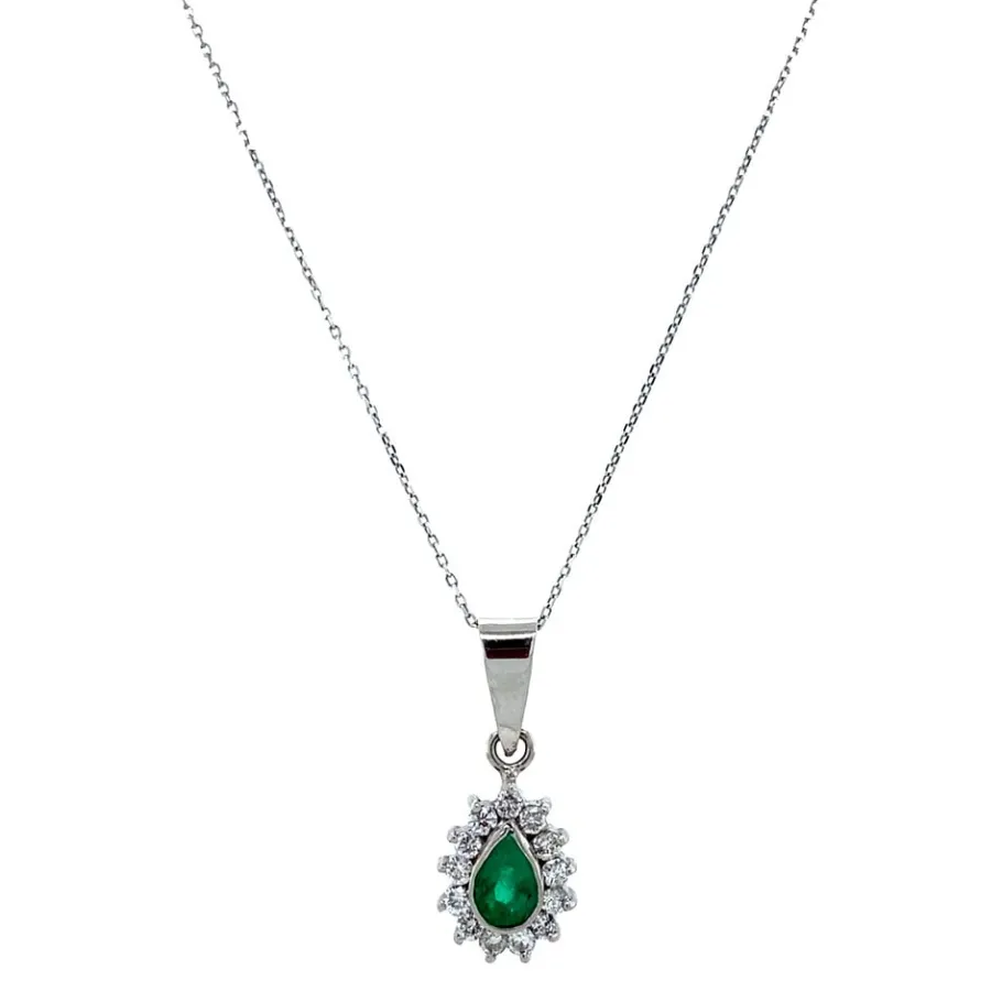 White gold necklace with emerald and diamond pendant 18 krt>Vintage Jewellery Sale
