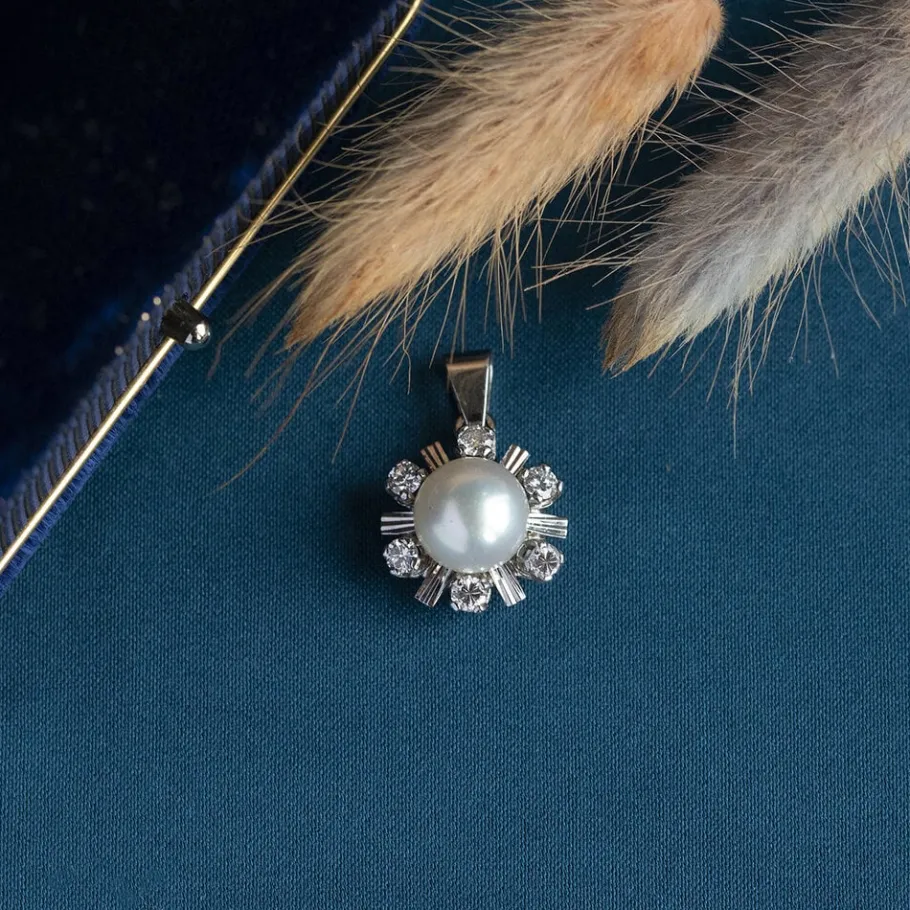 White gold pendant with diamond and pearl 18 krt>Vintage Jewellery Sale