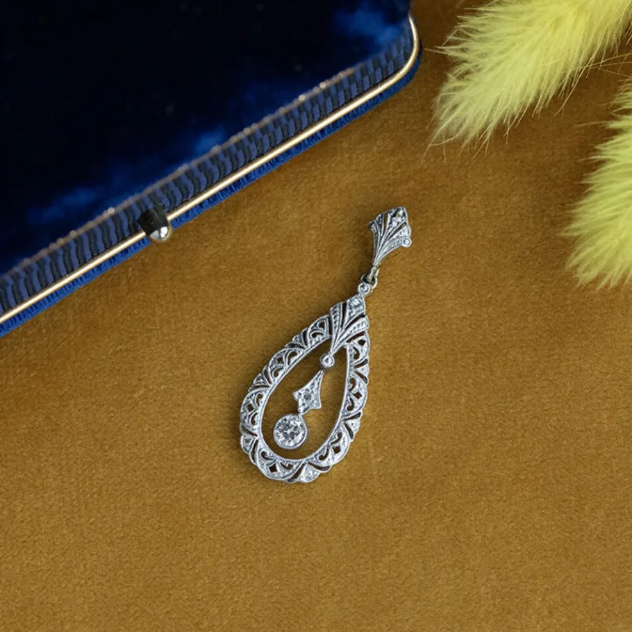 White gold pendant with diamonds 14 krt>Vintage Jewellery New