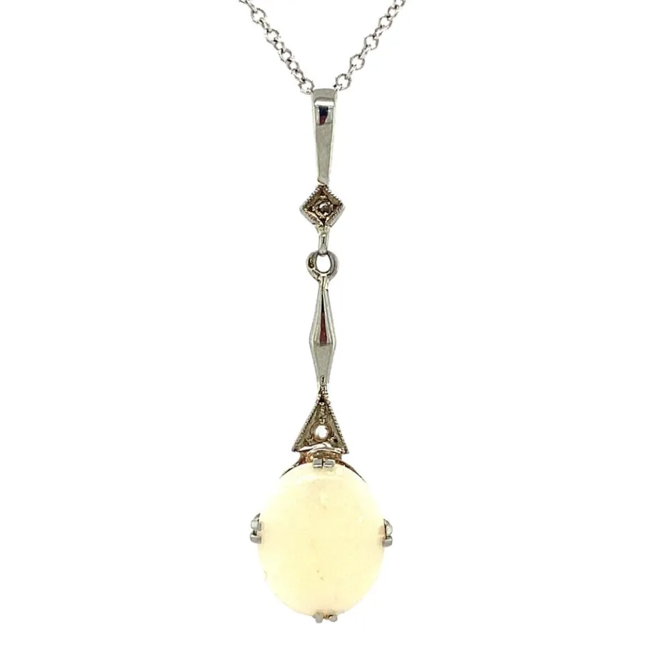 White gold pendant with opal and rose diamond 14 krt>Vintage Jewellery Online