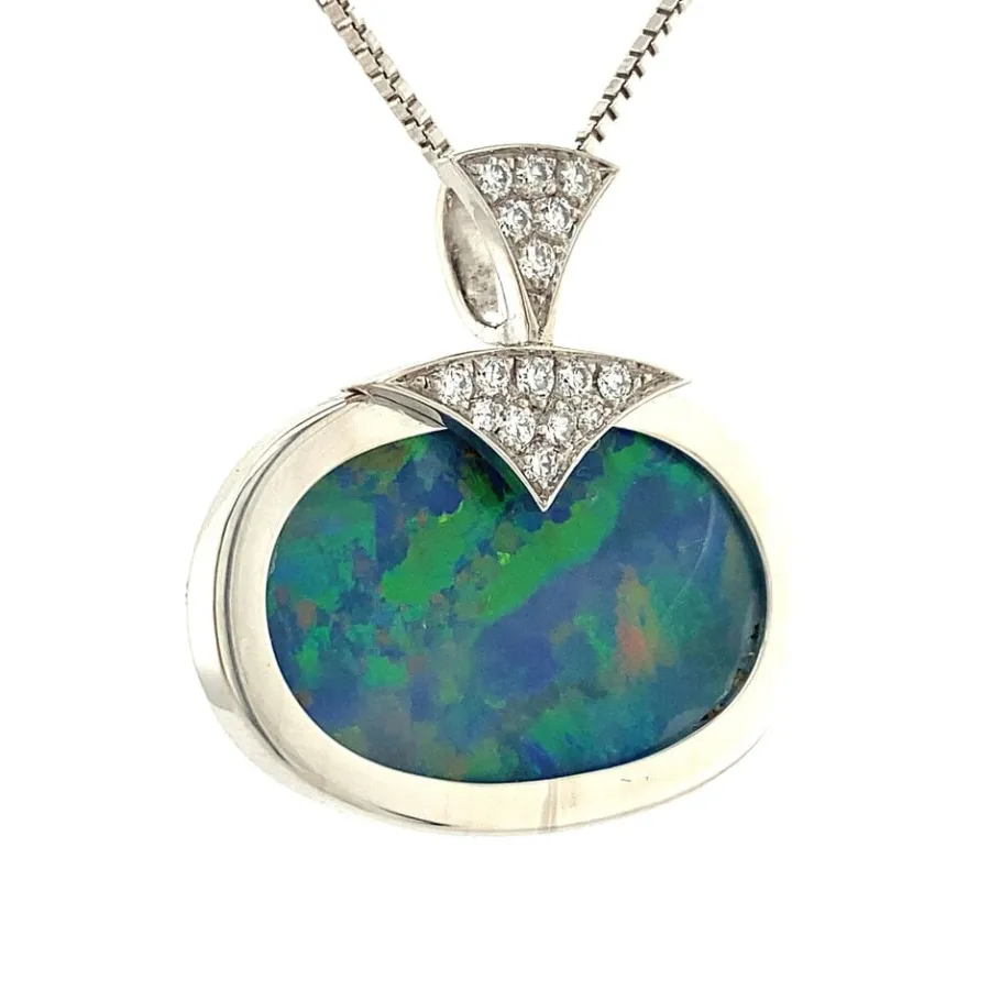 white_gold_pendant_with_o_2.webp White gold pendant with opal doublet and diamond 18 krt>Vintage Jewellery Sale