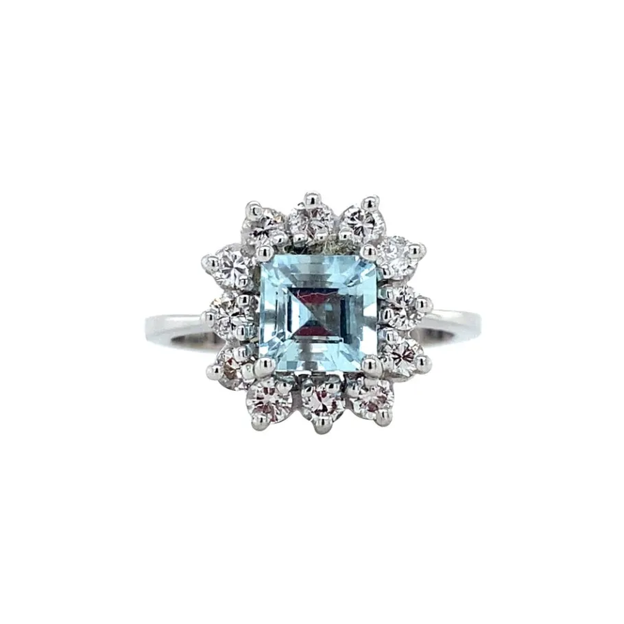 White gold ring with aquamarine and diamonds 18 krt>Vintage Jewellery Clearance