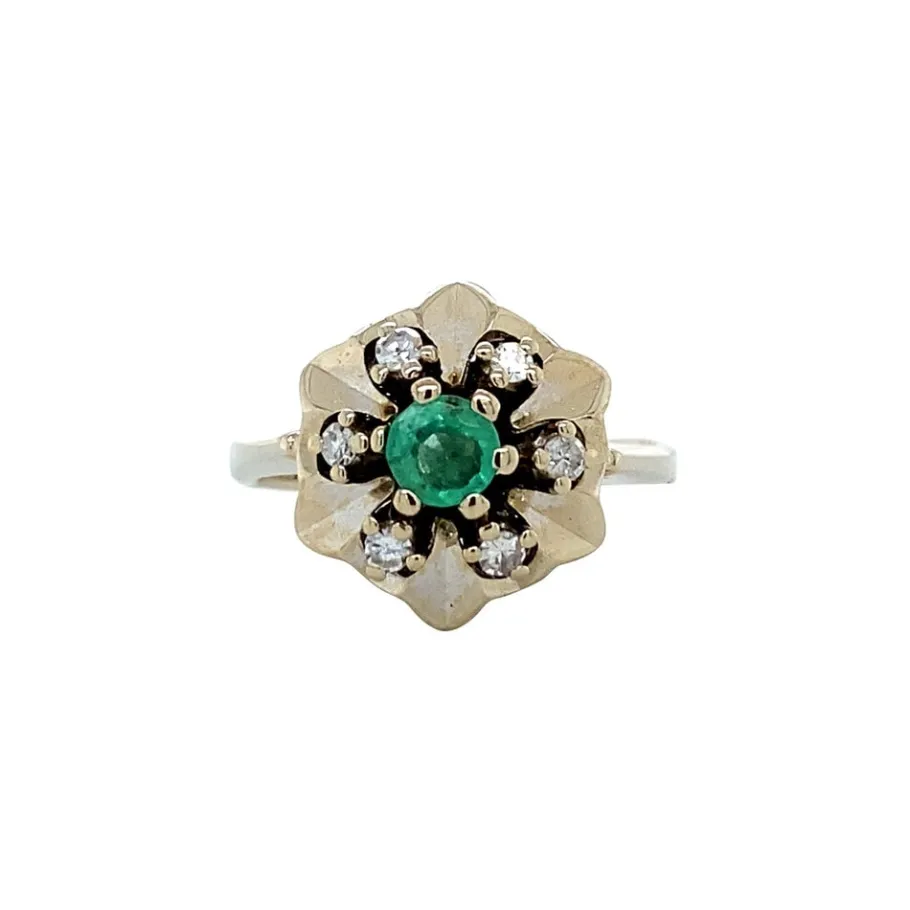 White gold ring with emerald and diamonds 14 krt>Vintage Jewellery Sale
