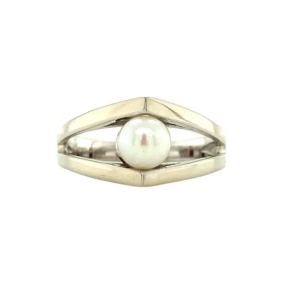 White gold ring with pearl 18 krt>Vintage Jewellery New