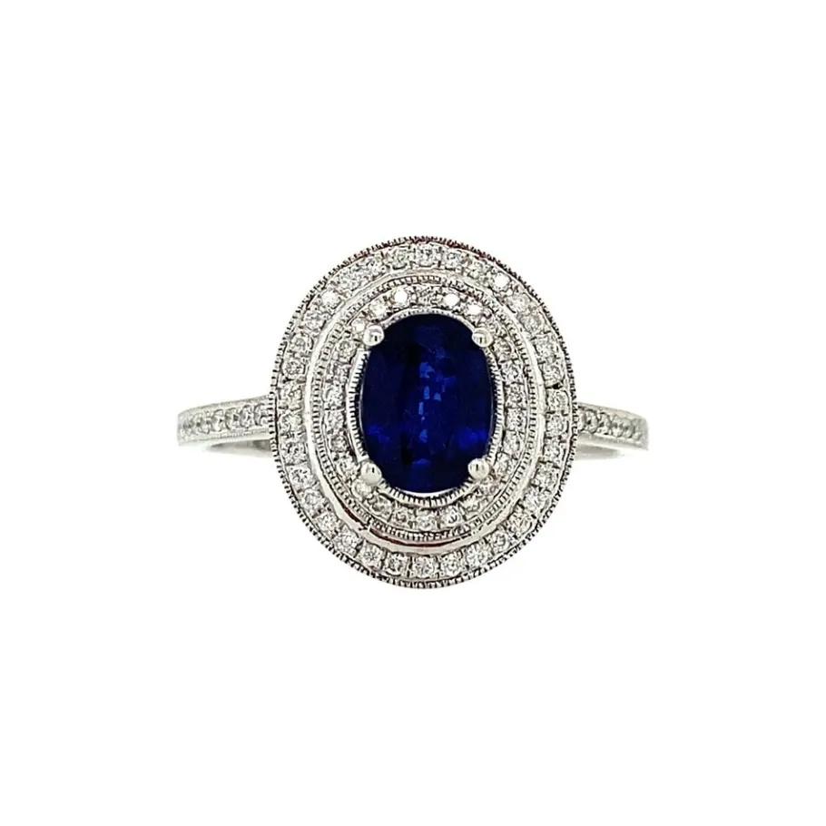 White gold ring with sapphire and diamond 18 krt>Vintage Jewellery Outlet